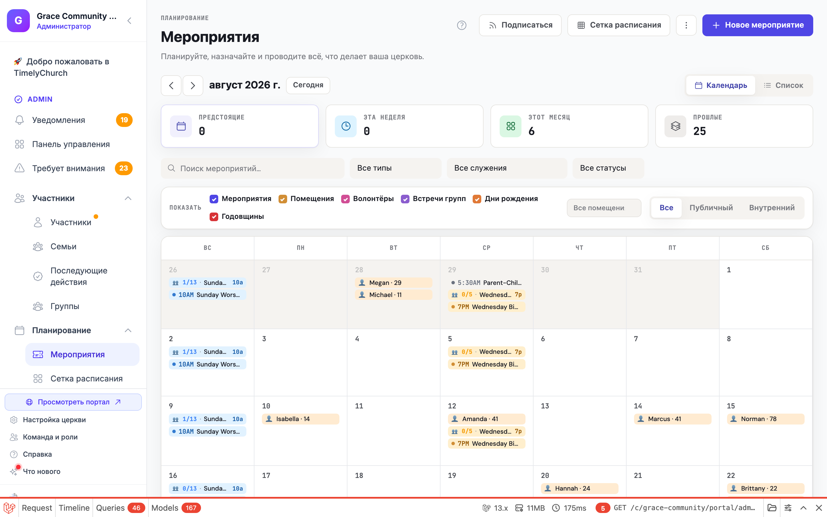 Страница «Мероприятия» с сообщением об успехе после создания мероприятия