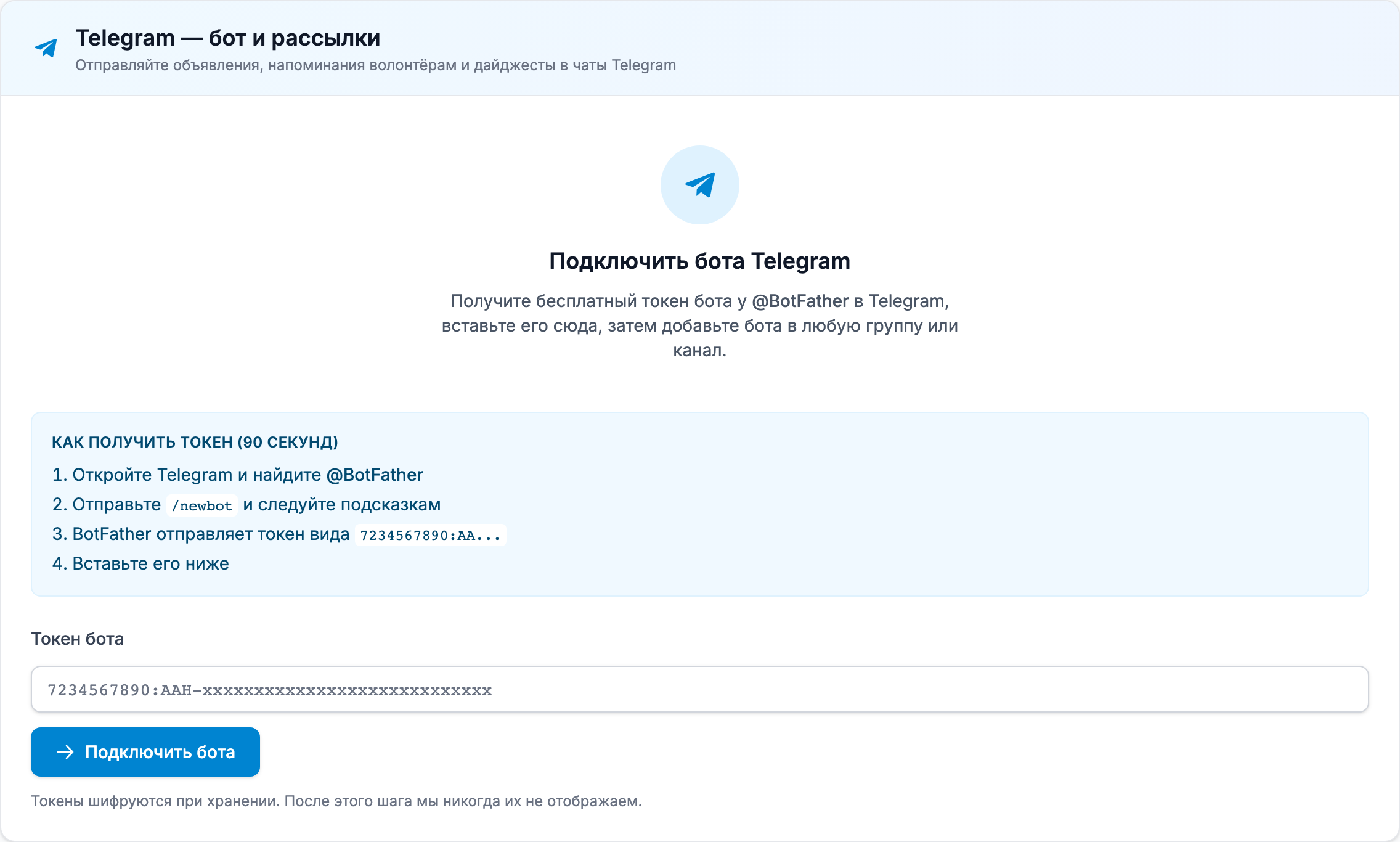 Вкладка Integrations с карточкой Telegram - Bot & Broadcasts