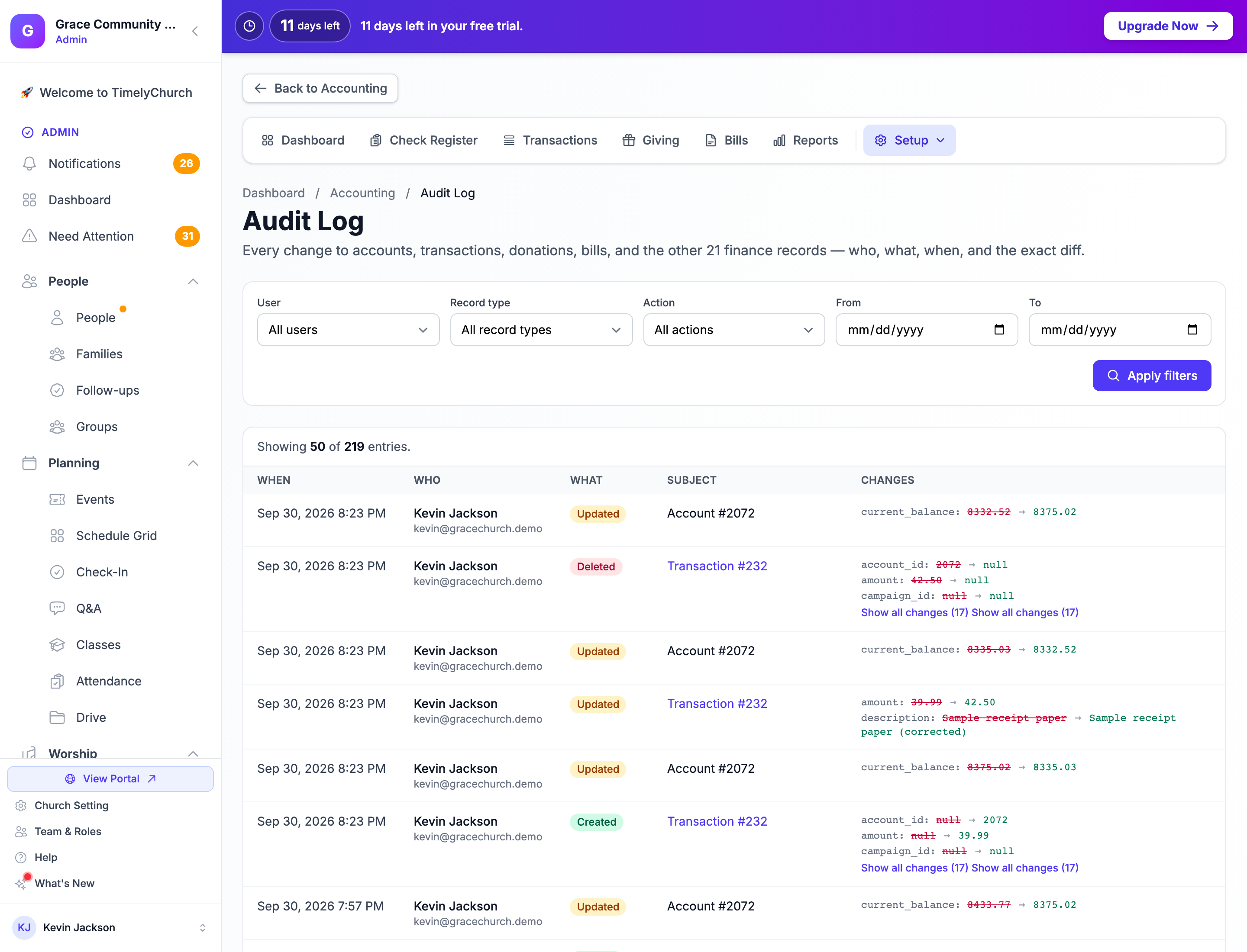 The Audit Log page with the User, Record type, Action, From and To filters and a list of changes showing When, Who, What, Subject and Changes