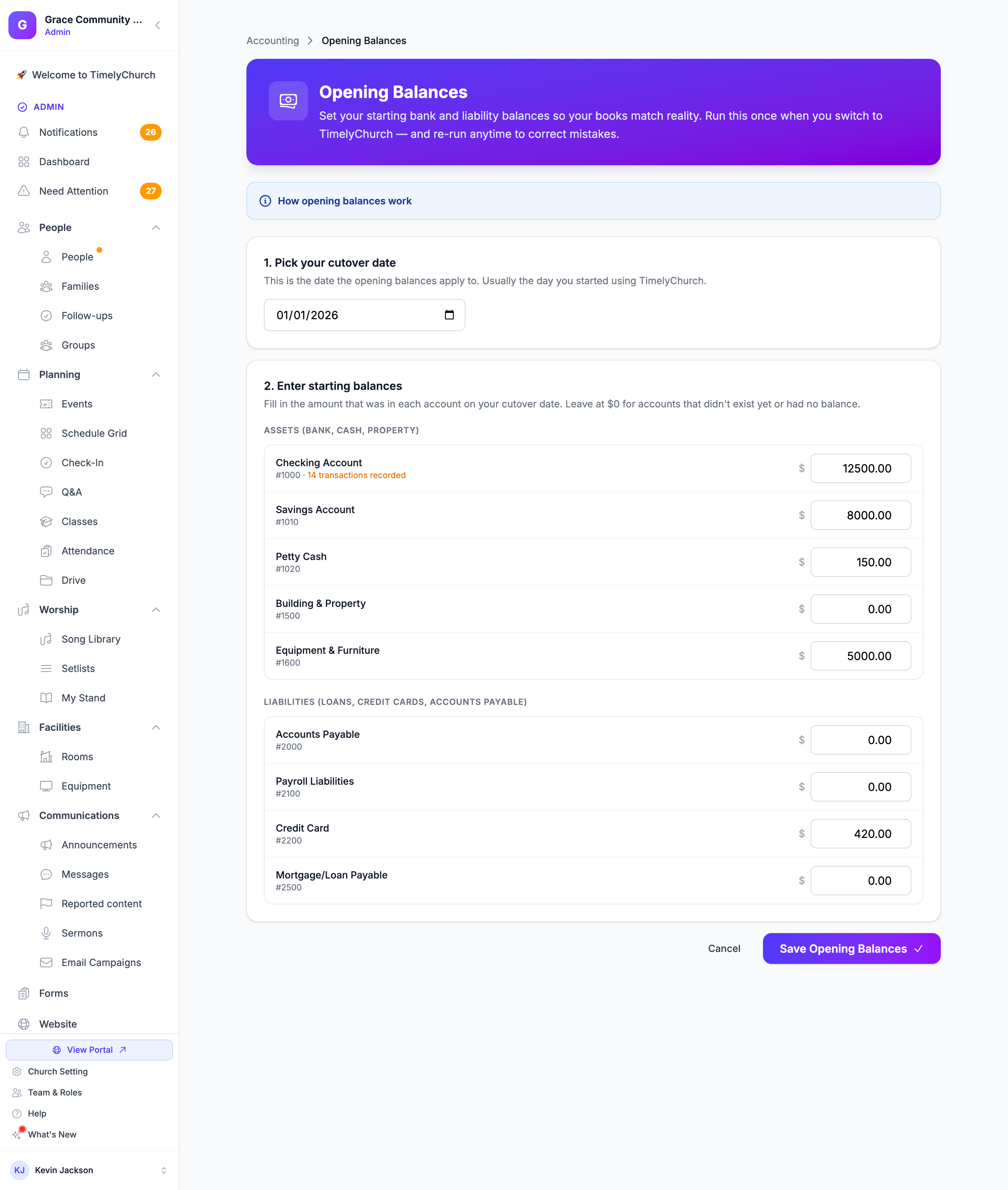 The Opening Balances page with the cutover date, the Assets and Liabilities lists with an amount for each account, and the Save Opening Balances button