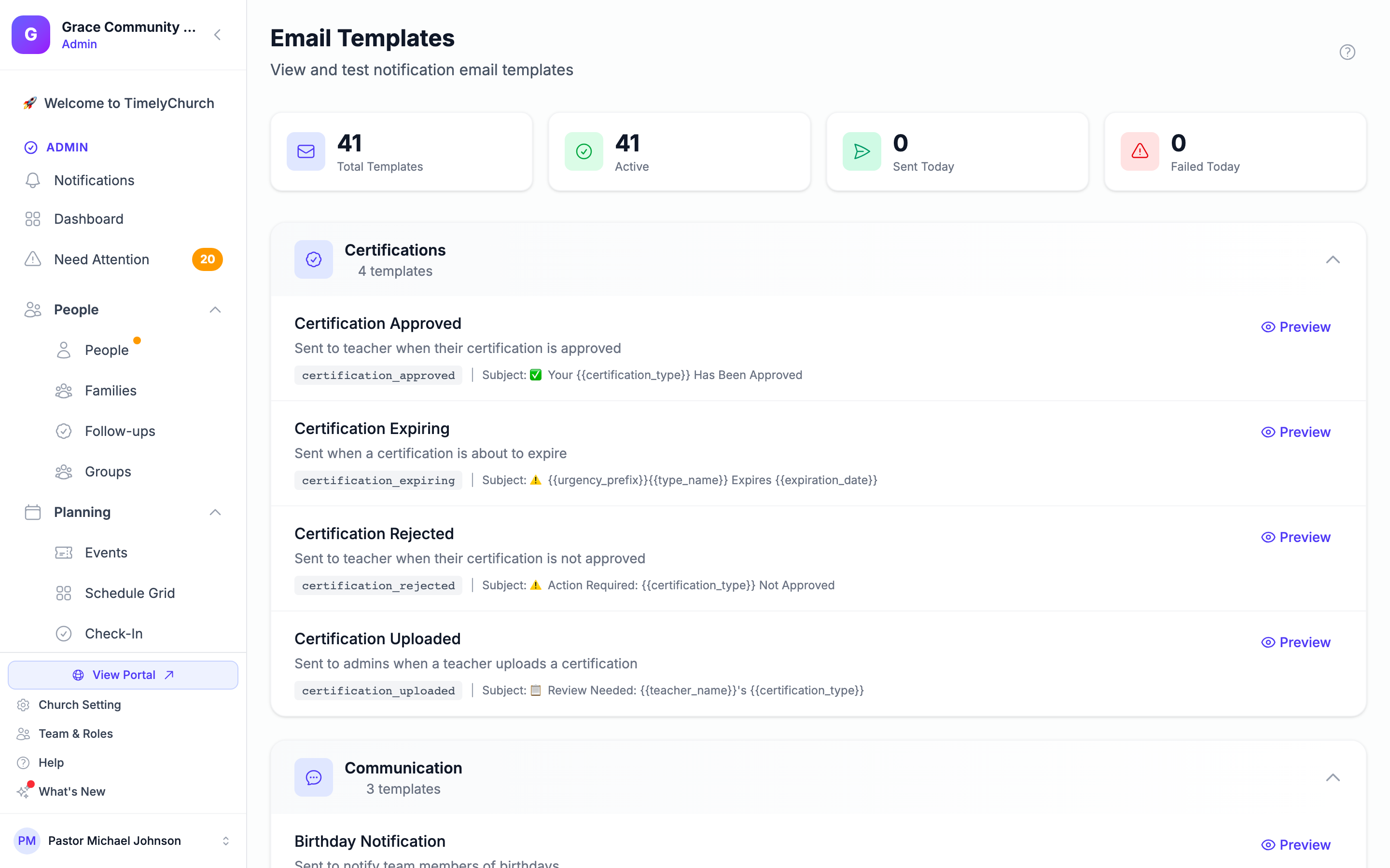 Страница «Шаблоны email» с карточками «Всего шаблонов», «Активный», «Отправлено сегодня» и «Неудачные сегодня» и шаблонами, сгруппированными по категориям, у каждого — кнопка «Предпросмотр»