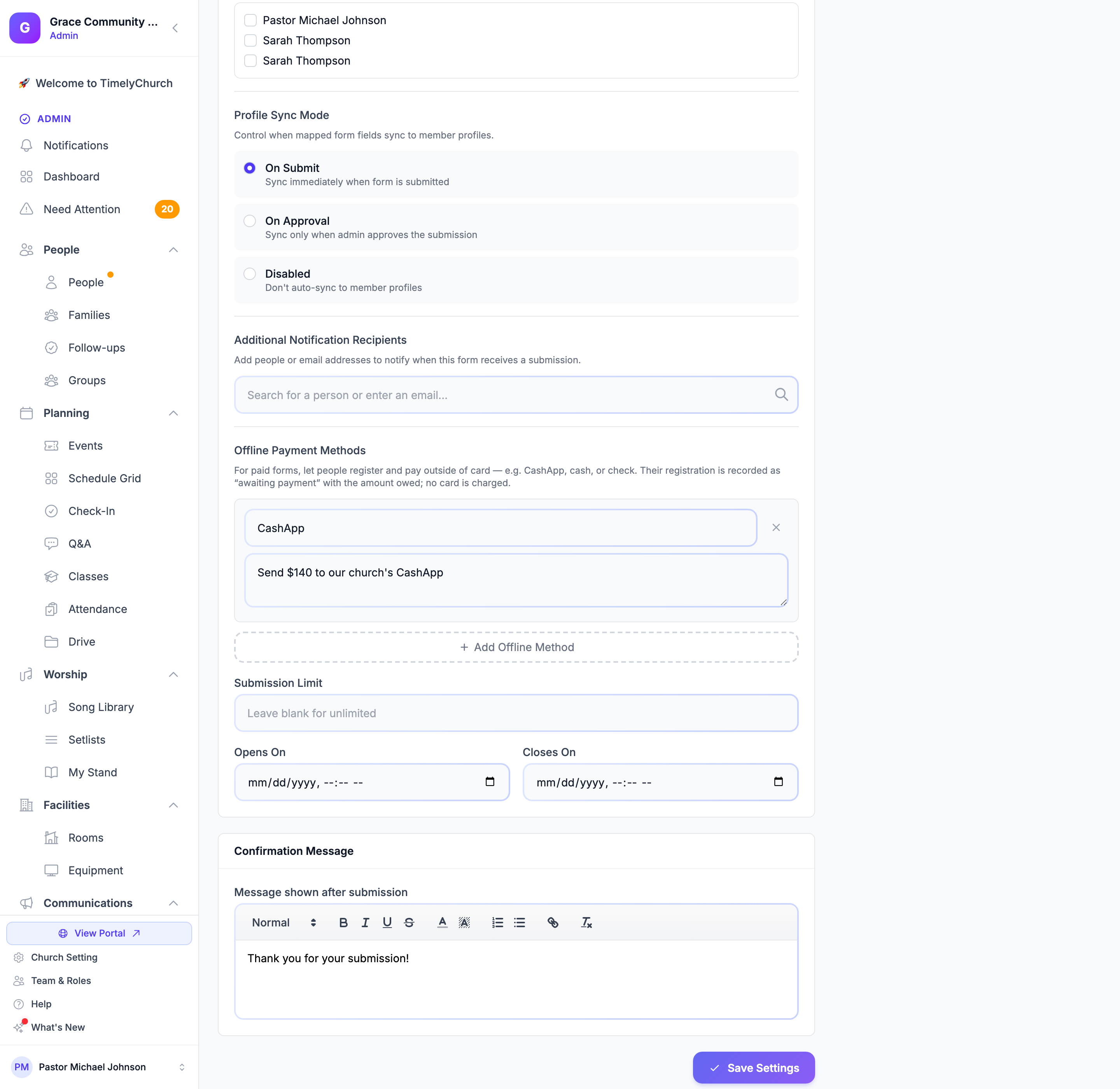 Карточка «Offline Payment Methods» на вкладке «Настройки» формы с одним способом CashApp и его инструкциями по оплате и кнопкой «Add Offline Method»