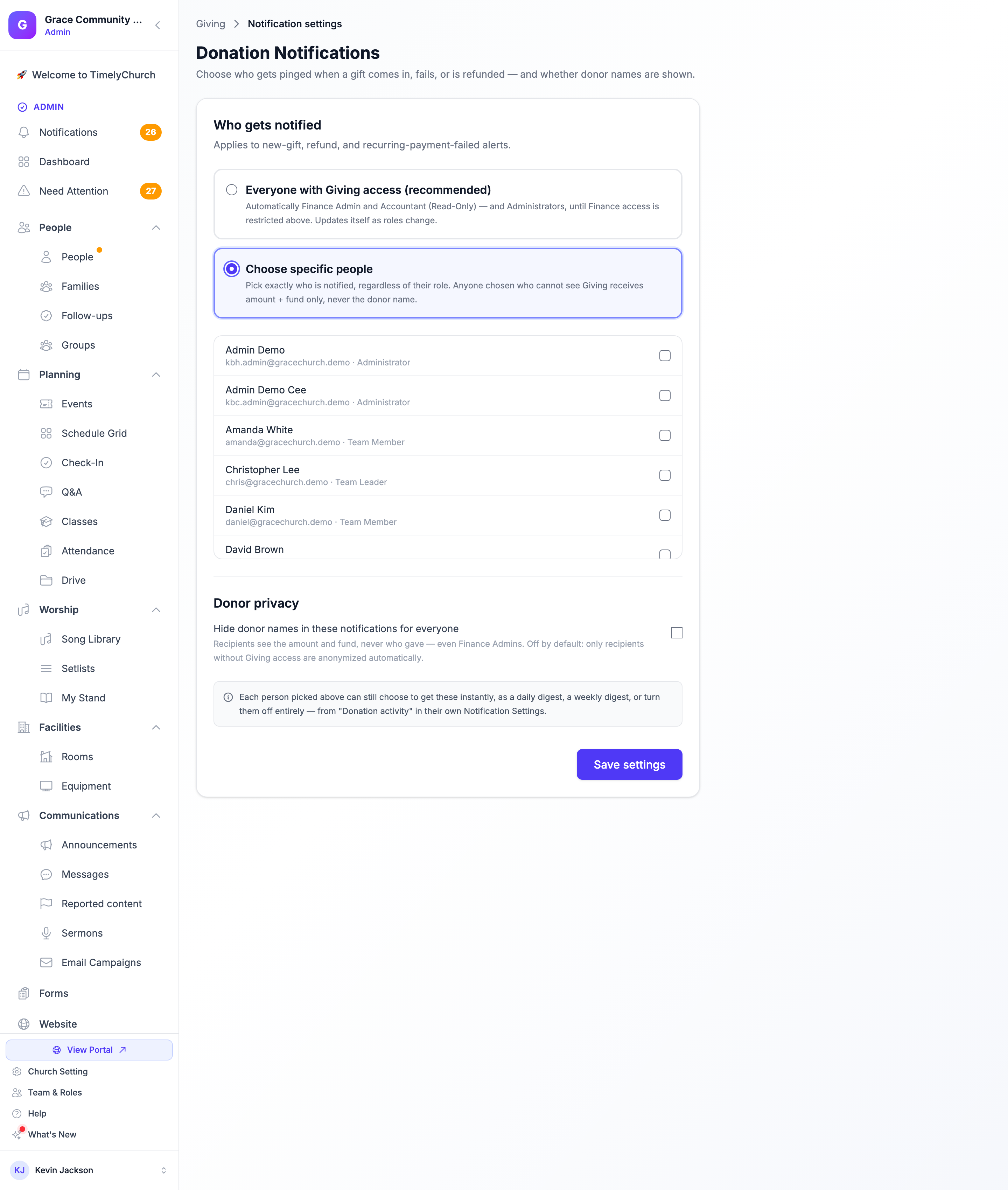 The Donation Notifications page with the "Who gets notified" options, the Donor privacy toggle, and the Save settings button