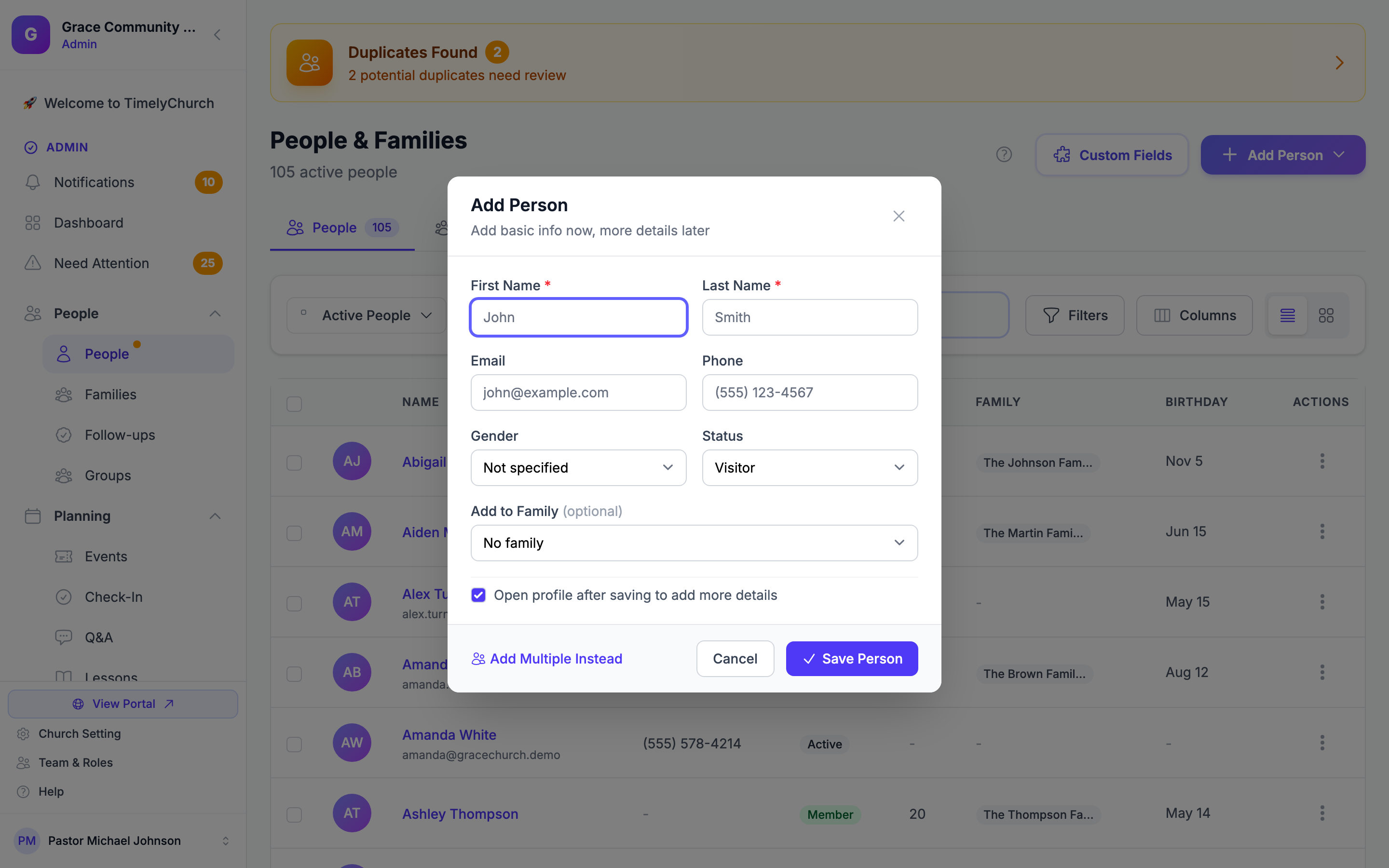 Диалог Add Person с полями имени, email, телефона, пола, статуса и семьи и флажком Open profile after saving