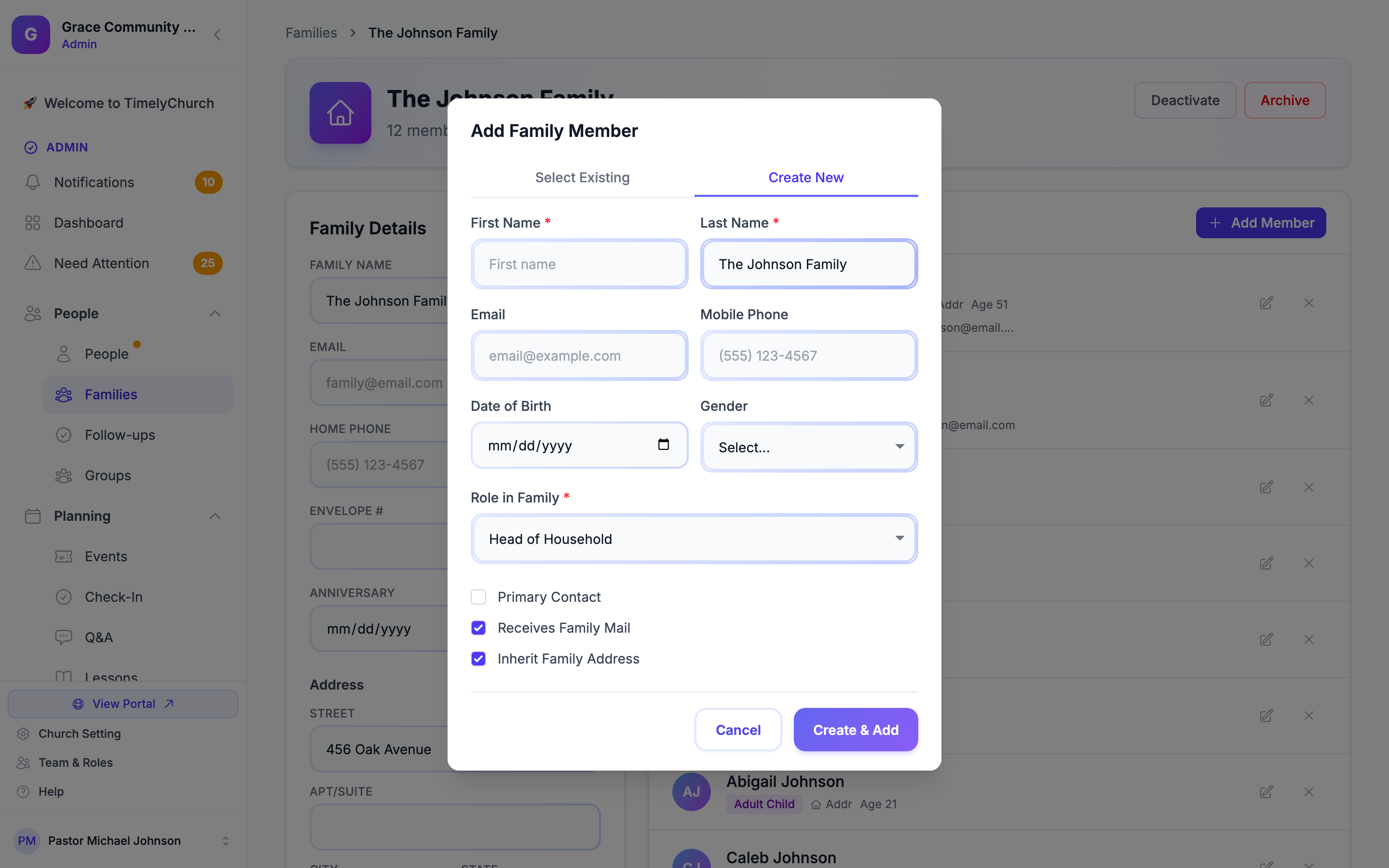 Форма Create & Add Member с полями имени, ролью и флажком inherit address