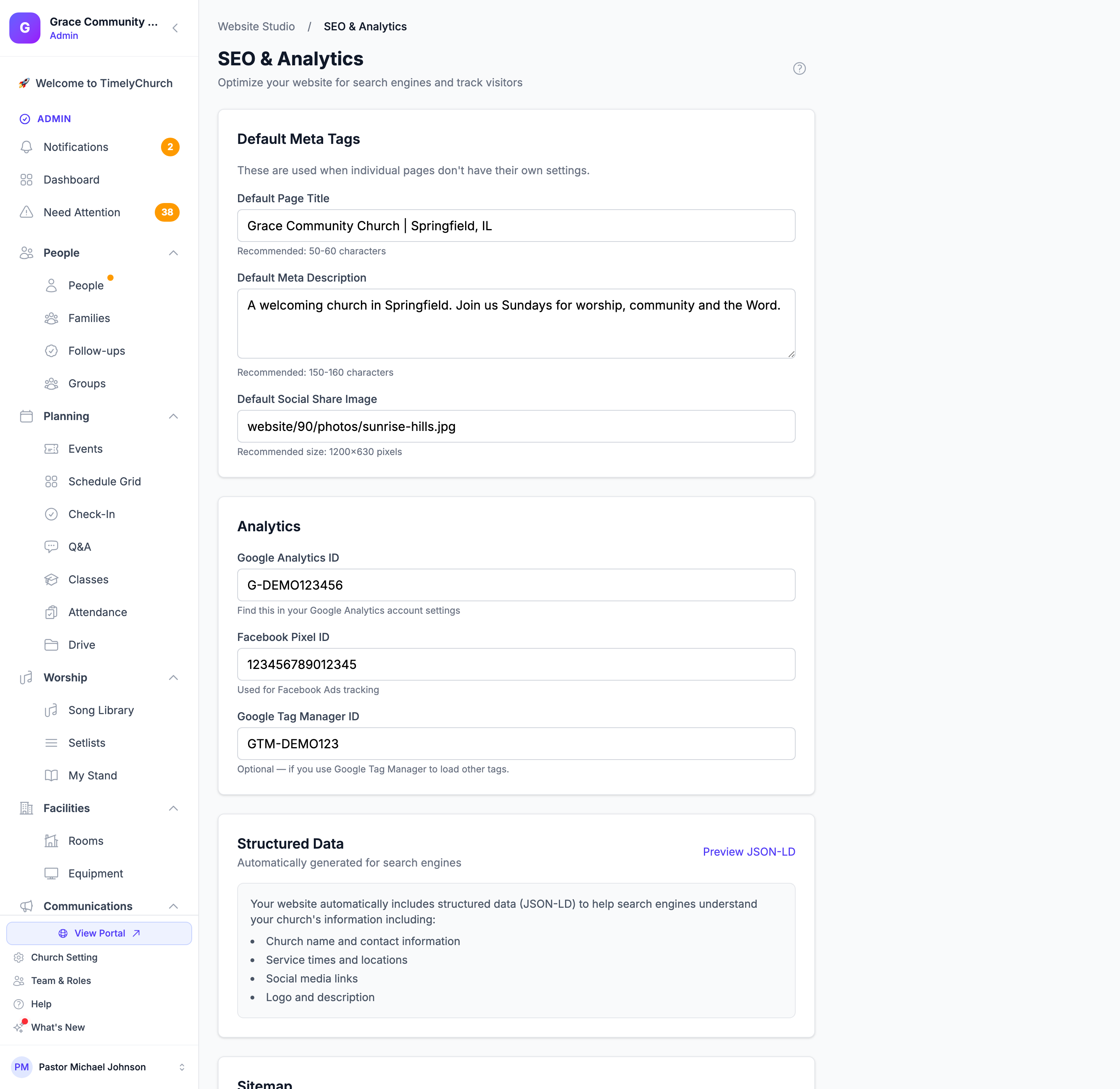 Страница «SEO и аналитика» с карточками «Мета-теги по умолчанию» и «Аналитика»