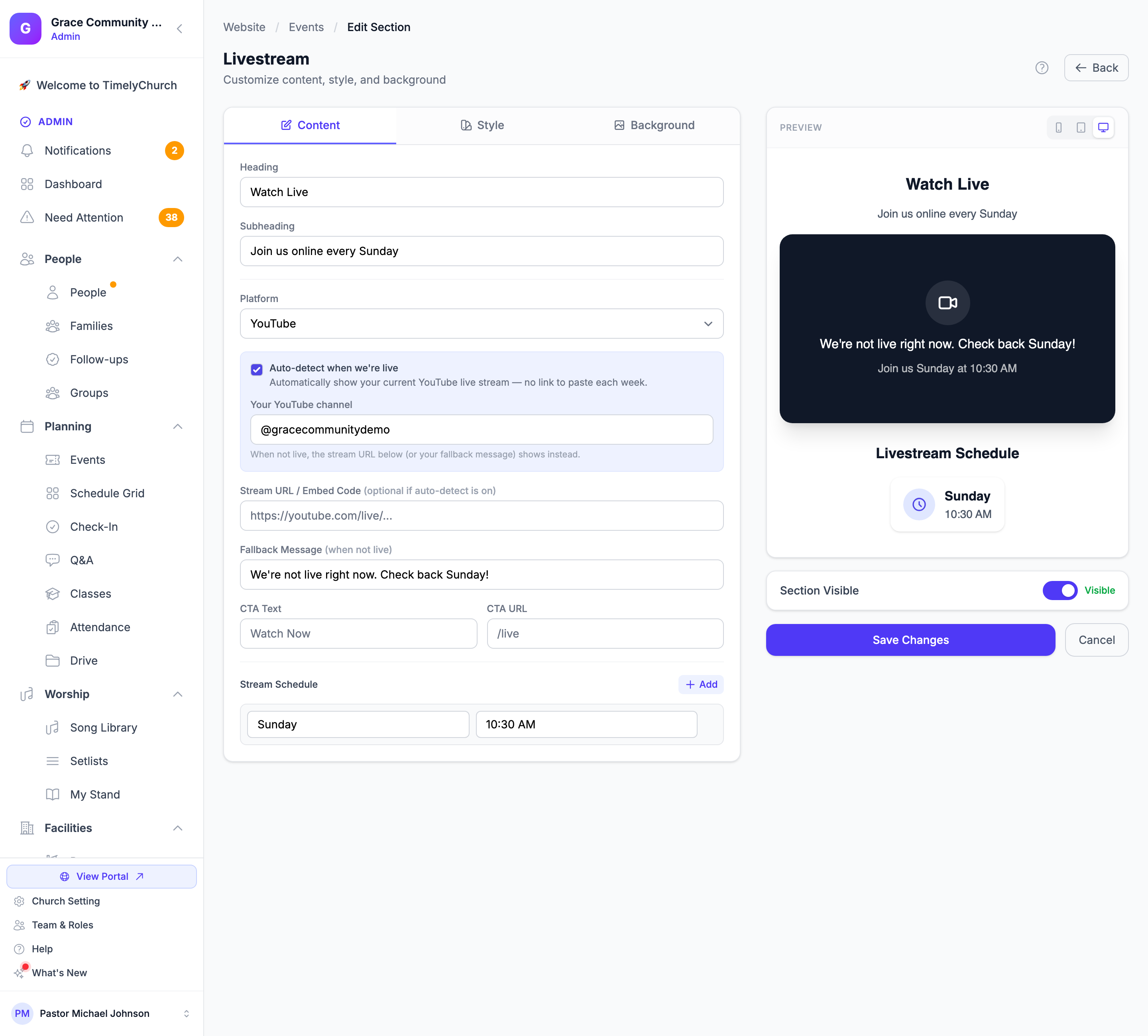 Редактор раздела «Прямая трансляция» с настройками платформы, URL потока, сообщения-запасного варианта и автоопределения рядом с предпросмотром