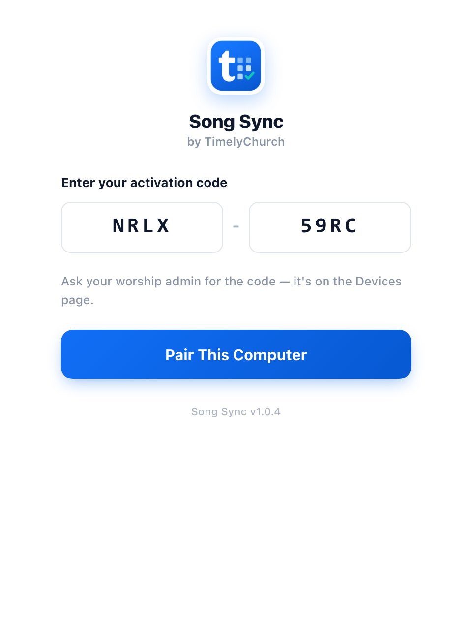 окно подключения Song Sync с надписью «Enter your activation code», двумя заполненными полями по четыре символа и кнопкой Pair This Computer